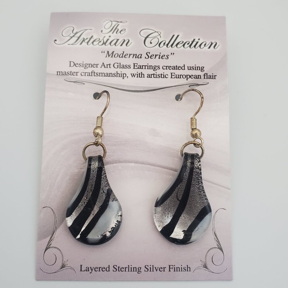 ARTESIAN COLLECTION Zebra Art Glass Dangle Earrings w/ Sterling Silver Finish
